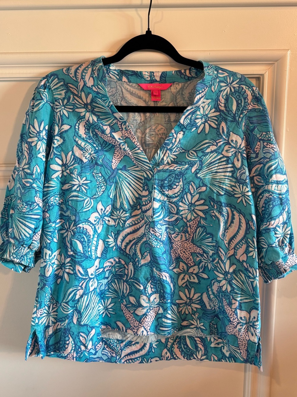 Lilly Pulitzer Mialeigh Linen Top 4 Amalfi Blue Sound the Sirens EUC